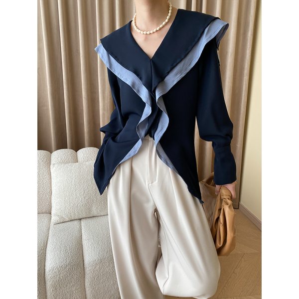 Sinan Chic: French Stand-Cut Color Matching Navy Collar Long Sleeve Shirt for Early Spring Style