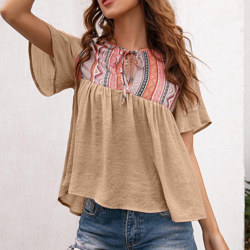 Summer Bohemian Neckline Hollow Out Lace Short Sleeve Babydoll Top for Women