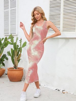 Sexy Sleeveless Tie-Dyed Sheath Dress: Round Neck Strap Slim Dress for Summer