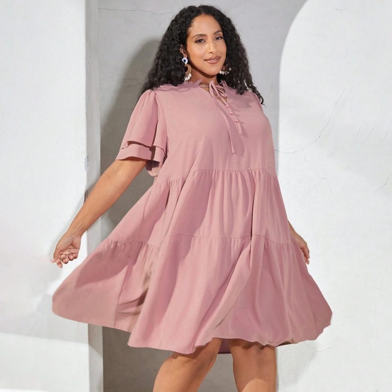 Plus Size Women's Summer Casual V-Neck Three-Layer Pleated Dress: Little Girl Clothes Style