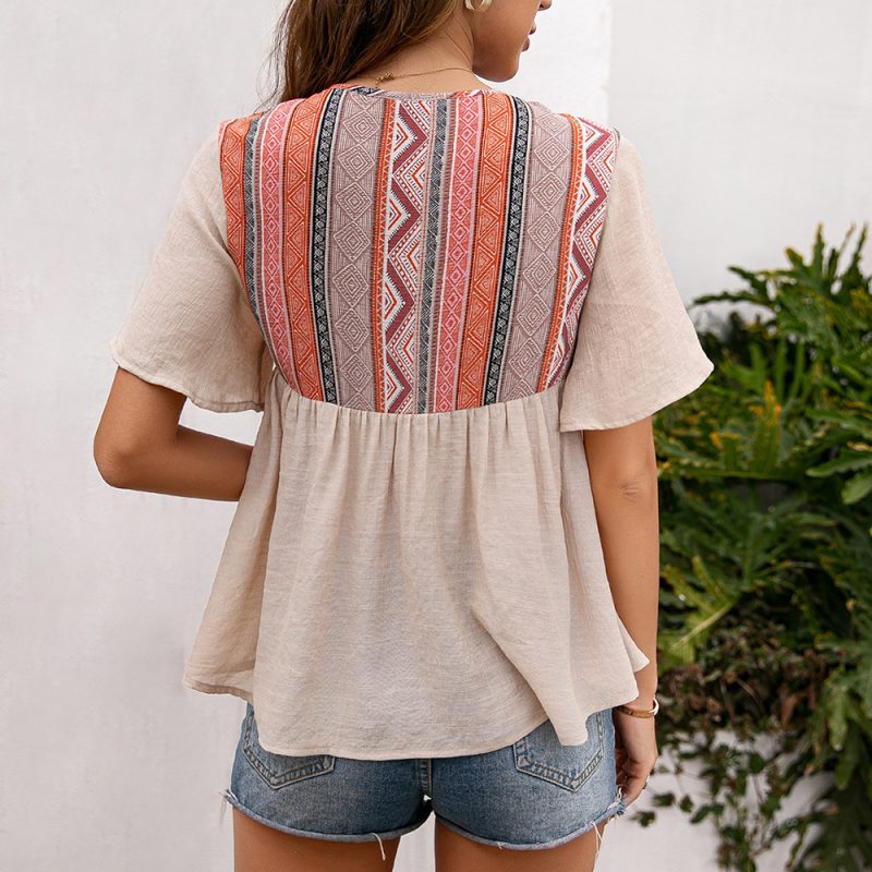 Summer Bohemian Neckline Hollow Out Lace Short Sleeve Babydoll Top for Women - Image 3
