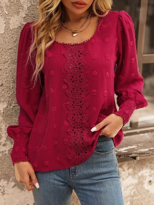 Big Polka Dot Stitching Lace Smocking Shirt: Women’s Round Neck Puff Sleeve