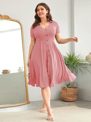 Plus Size Spring/Summer Office Dress: V-Neck, Waist Controlled Large Hem, Short Sleeve