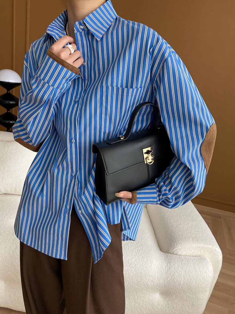 French Intellectual Suede Stitching Vertical Striped Loose Shirt: Stacked for Spring/Autumn - Image 2