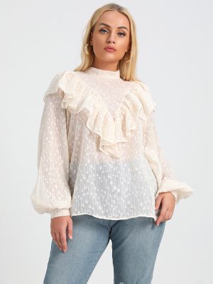 Plus Size Autumn Office Long Sleeve Loose Polka Dot Top with Lotus Leaf Detailing