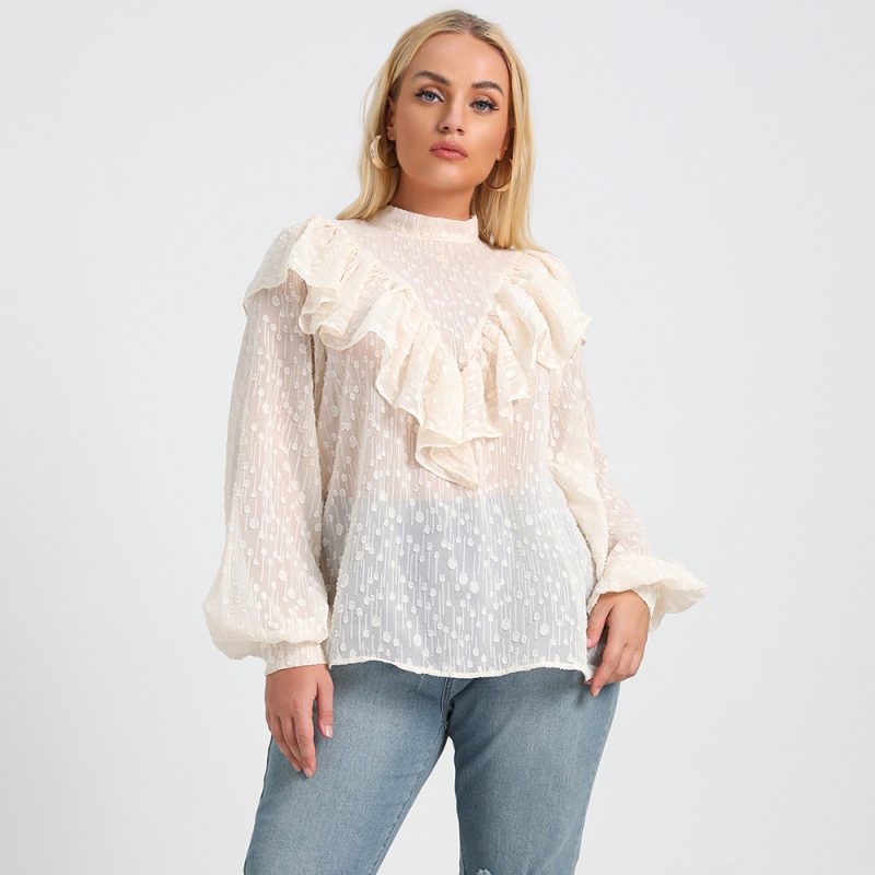 Plus Size Autumn Office Long Sleeve Loose Polka Dot Top with Lotus Leaf Detailing