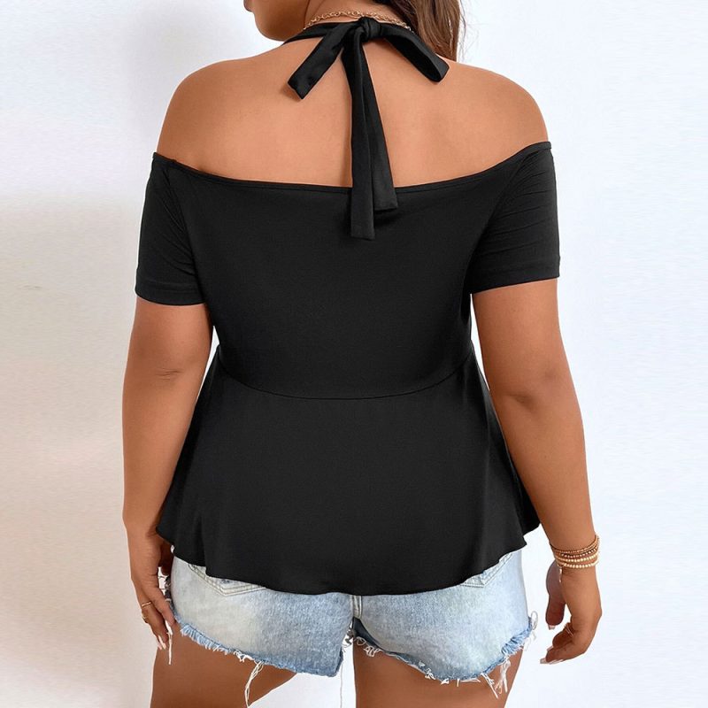 Plus Size Waist Sexy Strapless Halterneck T-Shirt: Solid Color Short Sleeve Elegant Top for Women - Image 2