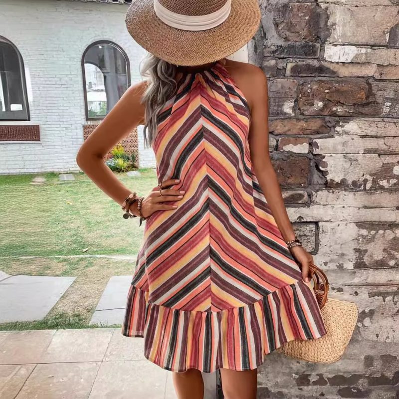 Women's Summer Clothing: Rainbow Dress with Colorful Striped Halte - Image 2