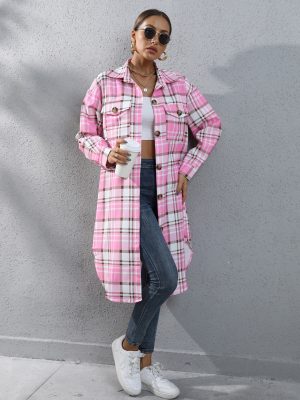 Women’s Autumn Winter Plaid Single-Breasted Long Trench Coat