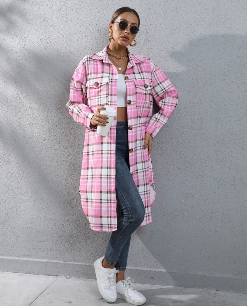 Women's Autumn Winter Plaid Single-Breasted Long Trench Coat