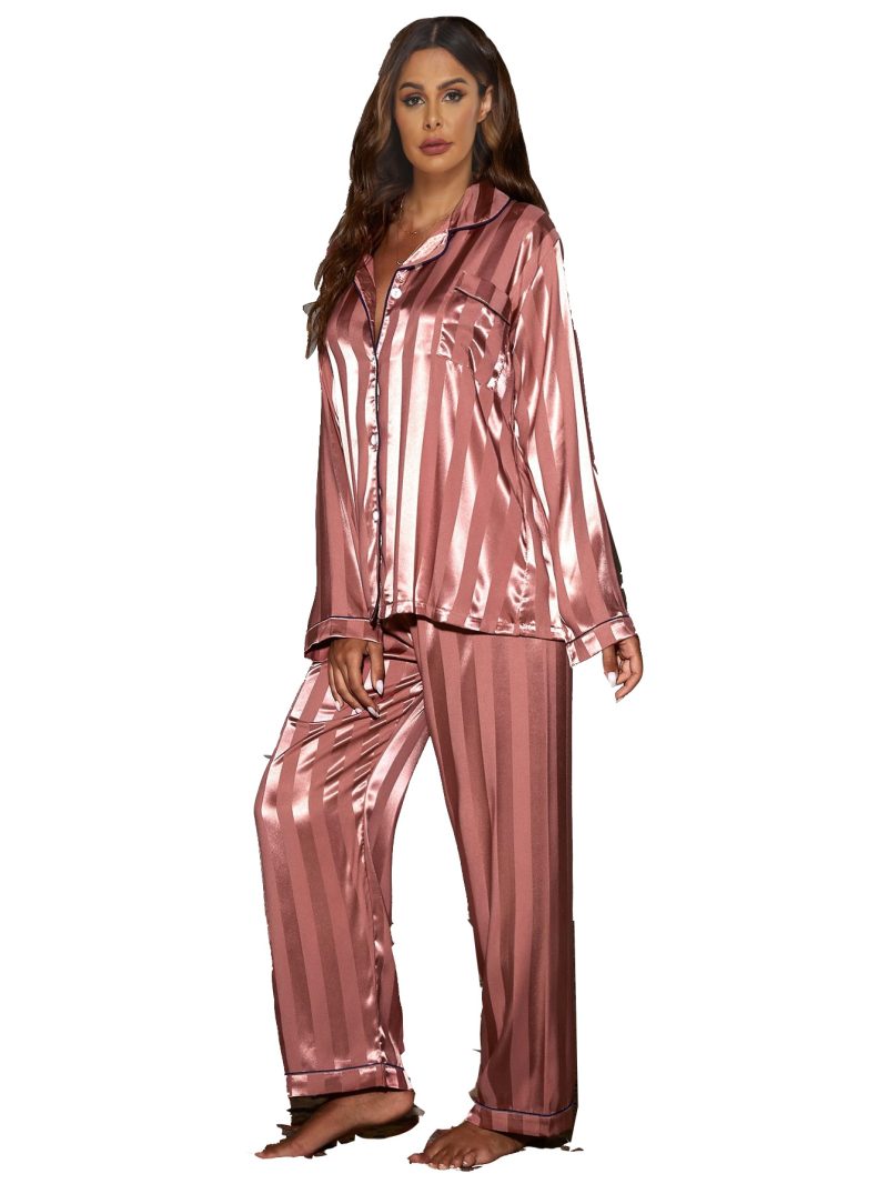 Satin Cardigan Long Sleeve Jacquard Wide Stripe Home Wear Pajama Set: Women's - Image 2