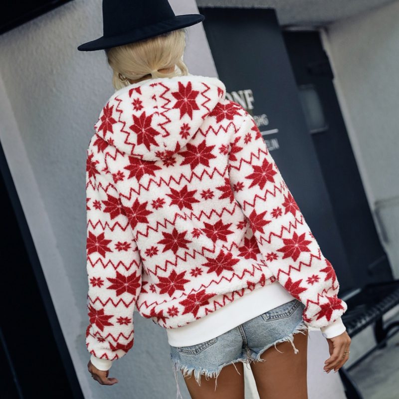 Autumn Winter Loose Hooded Zip Cardigan: Women's Olympic Fleece Printed Christmas Coat - Image 3
