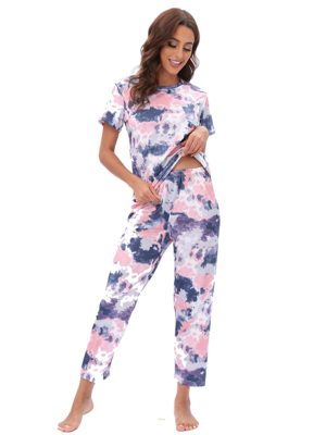 Leopard Print Tie Dye Pajama Suit: Women’s Short Sleeve Trousers Set