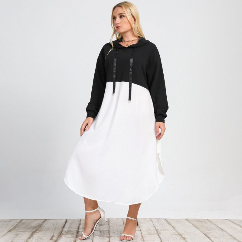 Plus Size Autumn New Women's Swing Dress: Long Sleeve Crew Neck Casual Hooded Black-White Contrasting-Color Design - Image 3