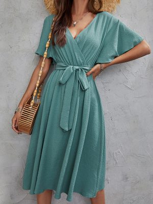 High Texture Solid Color Midi Dress: V-neck, Tight Waist