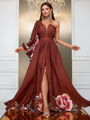 Chiffon Single Sleeve Maxi Dress: Split Print Design