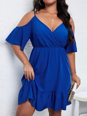 Plus Size Women’s Elegant Office Dress: Waist Controlled Large Hem, Sexy V-Neck, Cold Shoulder