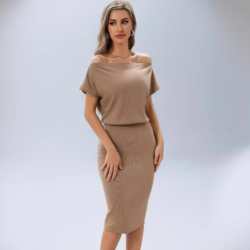 Summer Women's Solid Color Off-shoulder Waist-Hip Dress - Image 3