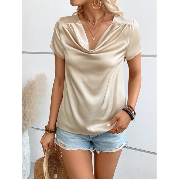 Solid Color Satin Short-Sleeved Women's Thin T-shirt: Loose Round Neck Bottoming Top - Image 2