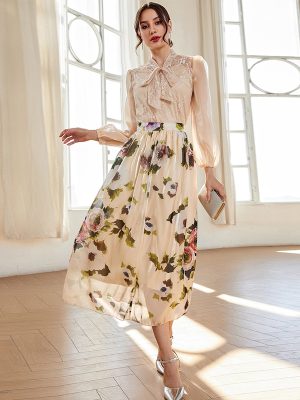 Round Neck Tulle Print Outfit