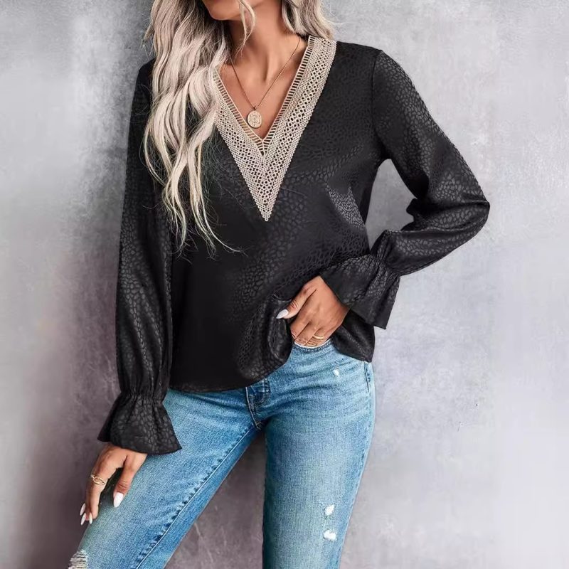 Leopard Print Jacquard Long-Sleeved Shirt: Women's Lace V Neck Pullover