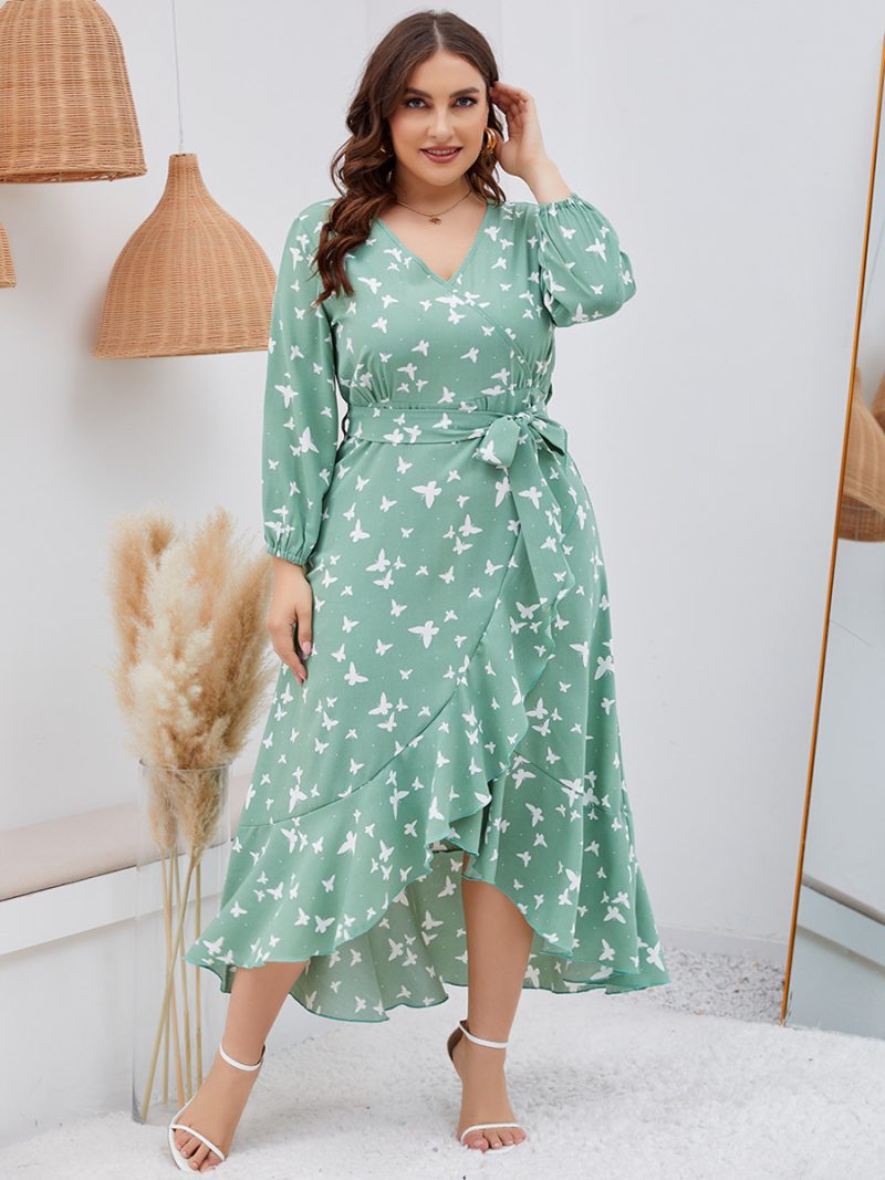 Butterfly Beauty: Plus Size Casual Dress with Butterfly Print, Ruffled Hem, and Tied V-Neck, Perfect for Autumn and Spring - Image 3