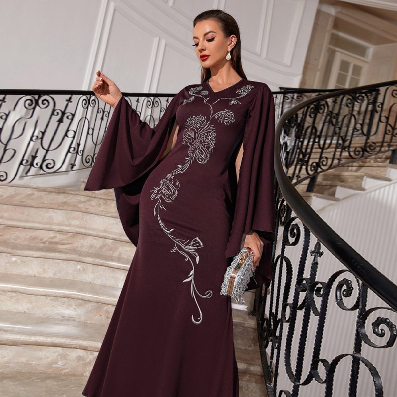 Embroidered V-Neck Batwing Urban Dress - Image 3