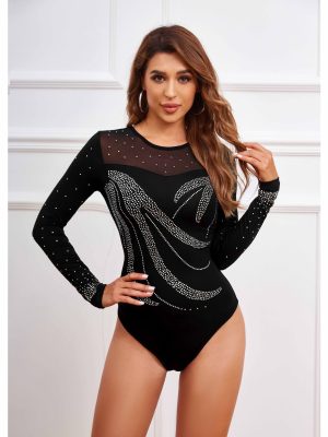 Long Sleeve Round Neck Rhinestone Stitching Mesh Jumpsuit: Women’s Clothing