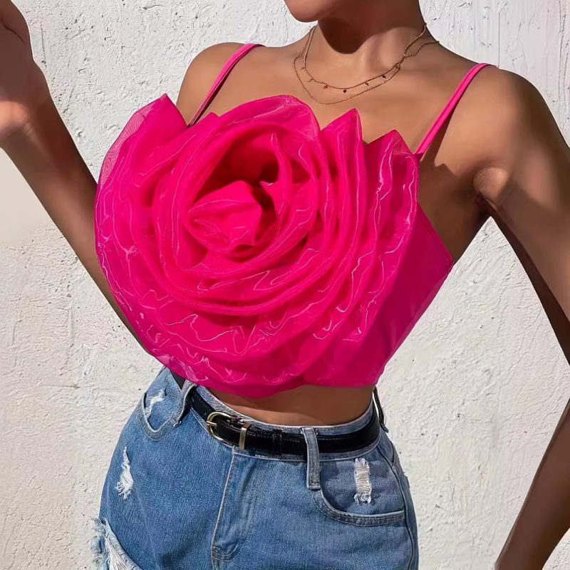 Three Dimensional Floral Stitching Solid Color Spaghetti Strap Top: Women's Small Size - Image 2