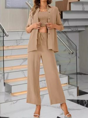 Get Coordinated with a High-Waisted Trousers, Vest, and Half-Sleeve Coat Three-Piece Set for Spring and Summer