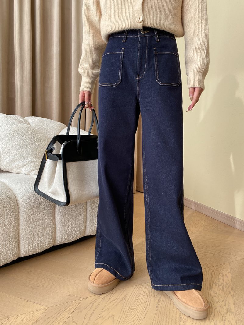 Retro Chic: Bright Line Double Pocket Fleece Straight Wide-Leg Jeans, Perfect for Outdoor Adventures - Image 3
