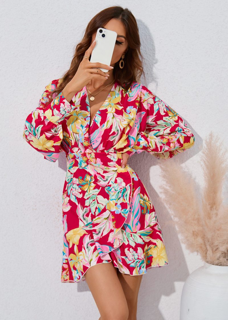 Women's Printing V-neck Irregular Asymmetric Long Sleeve Dress - Image 3