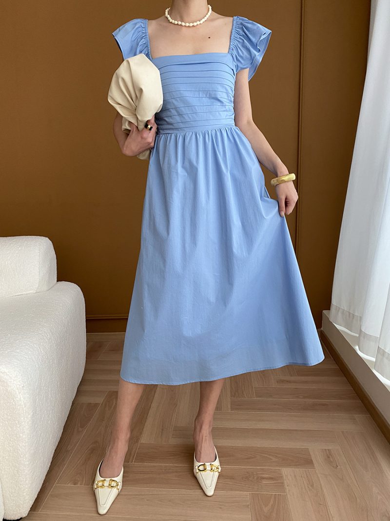 French Elegant Flying Sleeve Square Collar Slimming Dress for Early Spring - Image 4