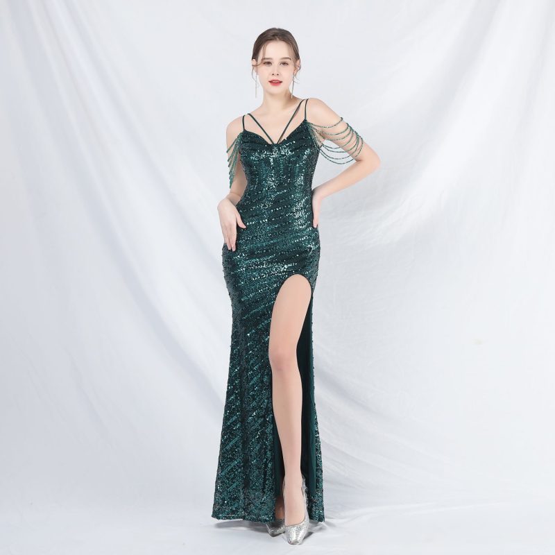 Crafted Beaded Strap Long Dress: Evening Attire - Image 2