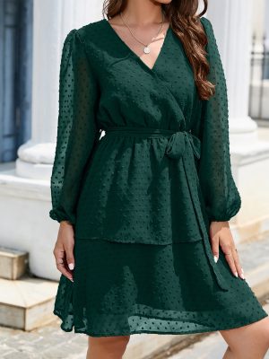 V-Neck Chiffon Lantern Sleeve Dress: Women’s Cocktail