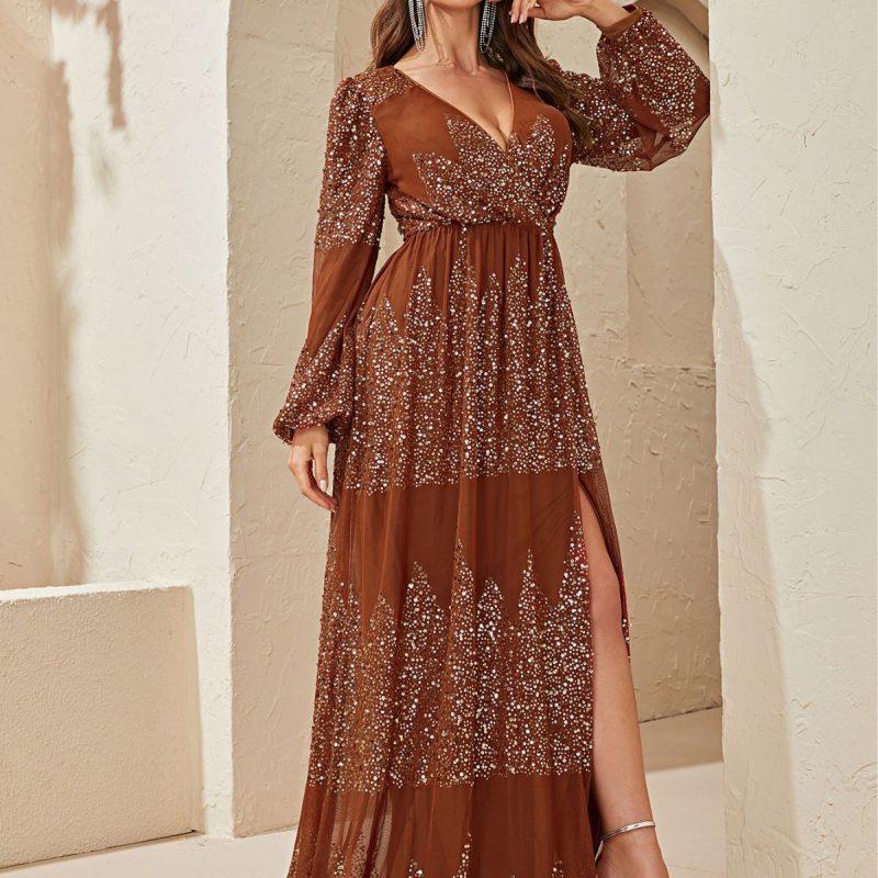 Sequined Chiffon Maxi Dress: Long Sleeve, Deep V Plunge Neck, Split Waist - Image 2