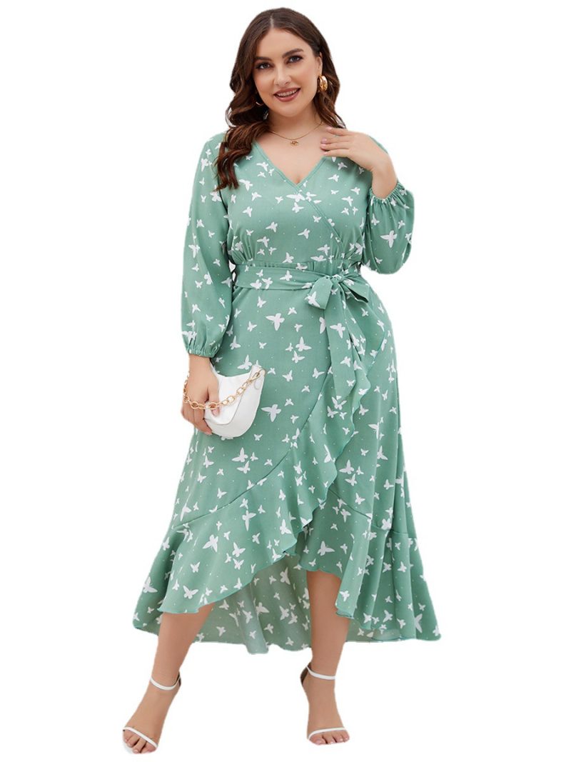 Butterfly Beauty: Plus Size Casual Dress with Butterfly Print, Ruffled Hem, and Tied V-Neck, Perfect for Autumn and Spring - Image 6