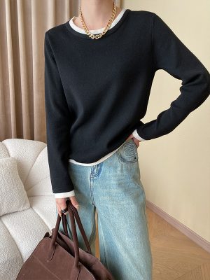 Fashionable Just Need Faux Two-Piece Color Contrast Patchwork Bottoming Sweater: Round Neck, All-Matching