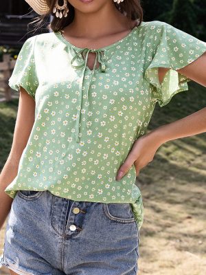 Summer Charm: Round Neck Lace-Up Top with Small Floral Print and Lotus Leaf Sleeves, Perfect for Women’s Fashion