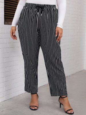 Black and White Striped Slim Fit Straight Casual Pants: Plus Size Women’s Slimming Style