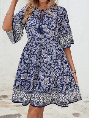 Boho Print Maxi Dress with Short Sleeve and V-neck for Women