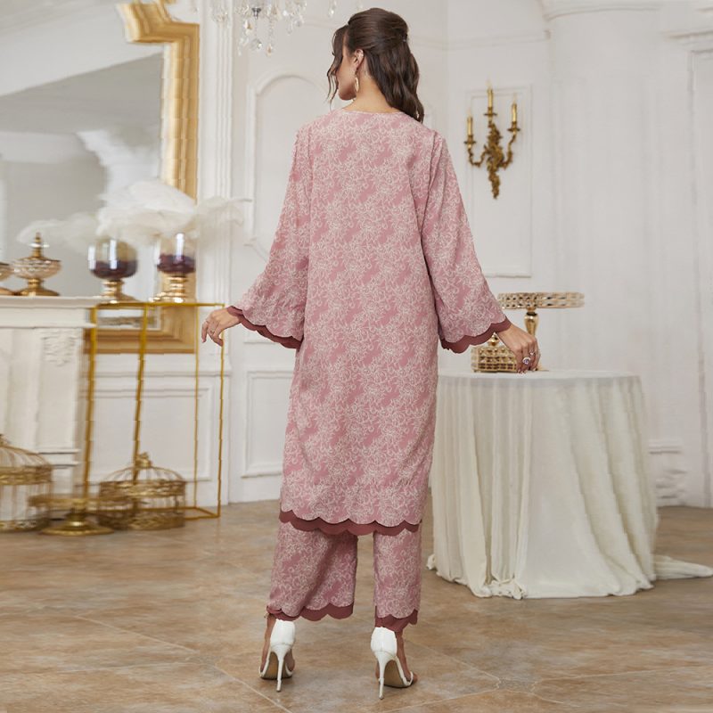 Autumn Winter Middle East Saudi Casual Women V-neck Printed Long Sleeve Trousers Suit - Image 4