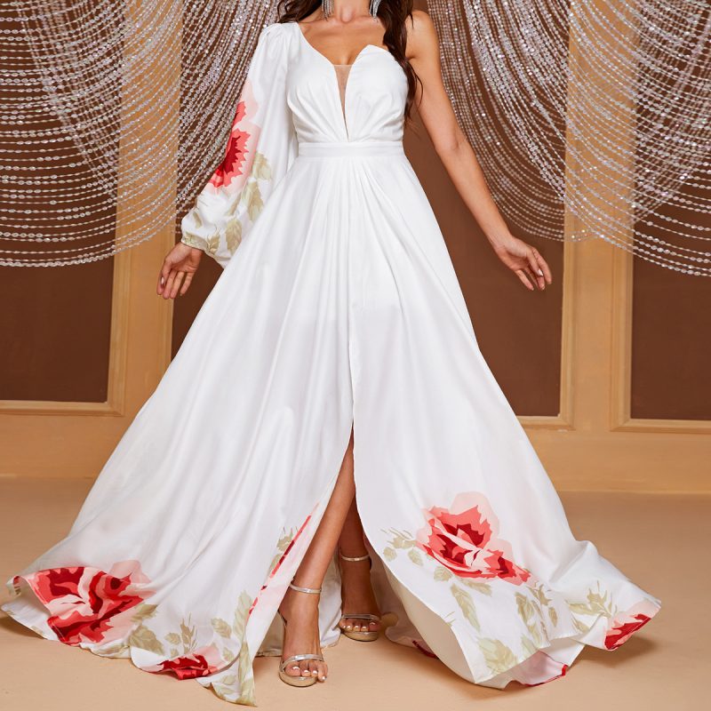 Chiffon Single Sleeve Maxi Dress: Split Print Design - Image 4