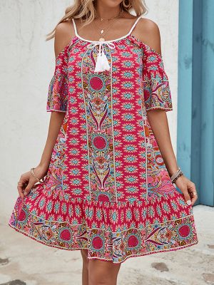 Off-the-Shoulder Strap Printed Bohemian Dress for Women