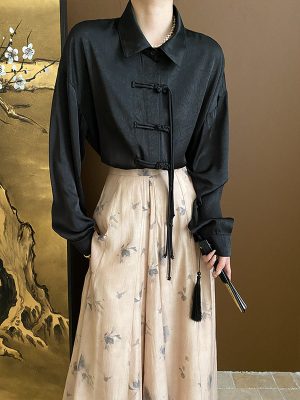 Chinese Old Money National Tassel Buckle Satin Jacquard Shirt for Early Spring