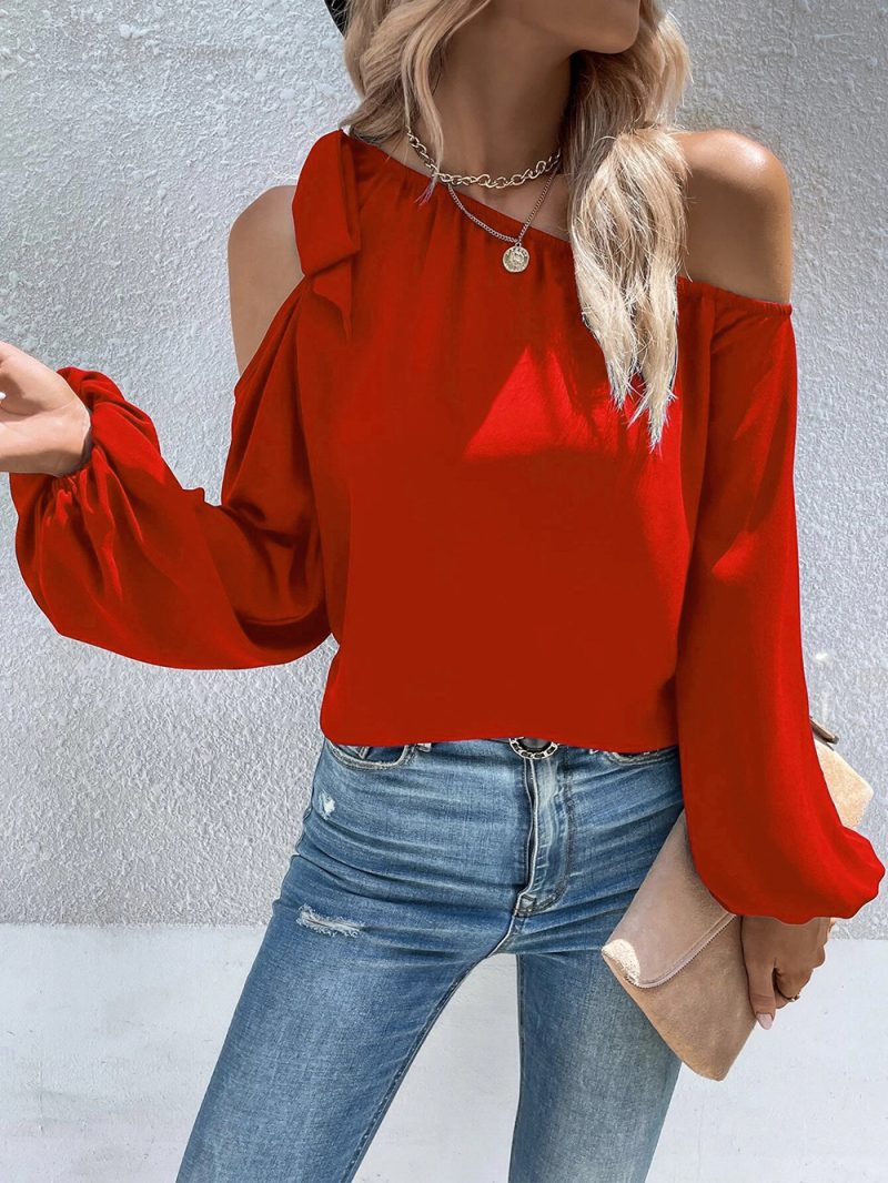 Women's Spring Summer Off the Shoulder Lace-Up Loose Chiffon Office Shirt - Image 2