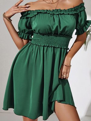 Popular Solid Color Puff Sleeve Dress: Off-The-Neck