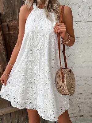 Solid Color Sleeveless Round Neck Halter Dress with Sexy Cutout Embroidery