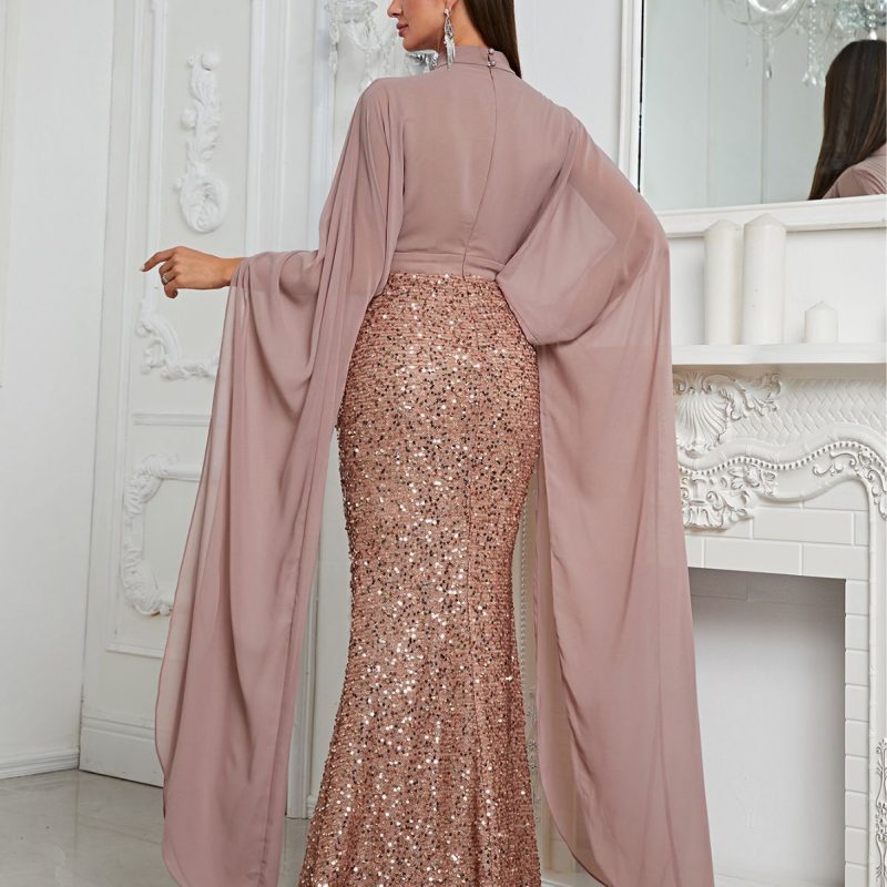 Sequined Prom Evening Fishtail Dress: Turtleneck Mesh - Image 2