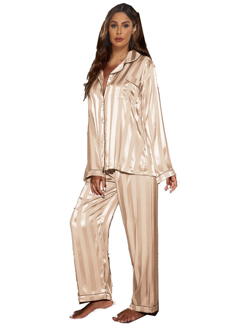 Satin Cardigan Long Sleeve Jacquard Wide Stripe Home Wear Pajama Set: Women's